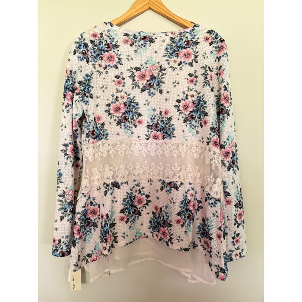 Tru Self Womens Floral Waffle Knit Top Lace Chiffon Trim Pink Blue Size M NEW - Picture 3 of 8